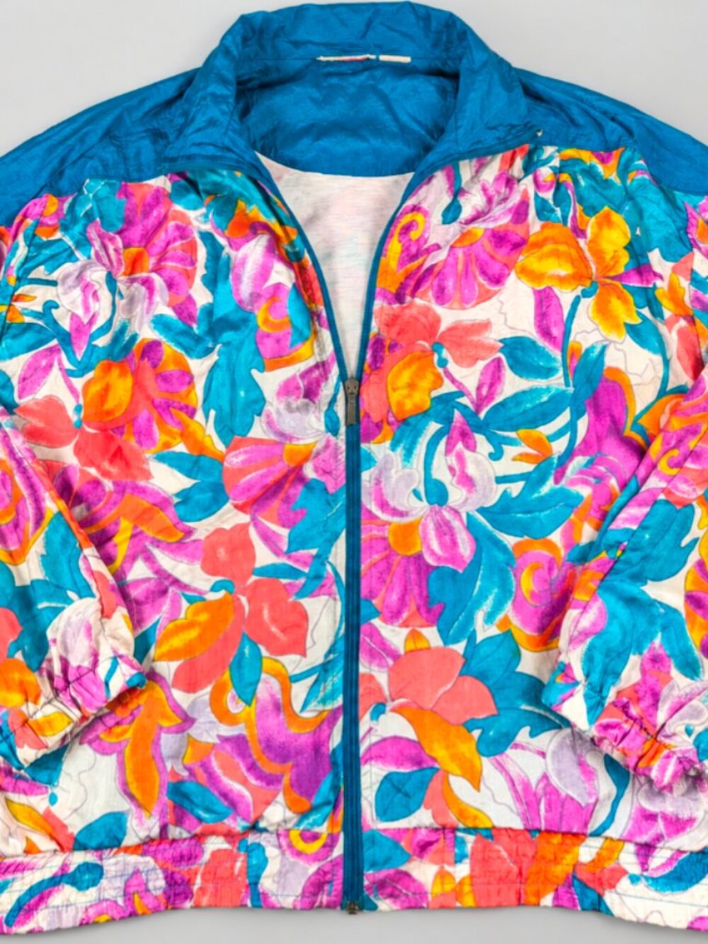 Retro Floral Windbreaker Jacket Teal Pink 80s 90s Style M/L